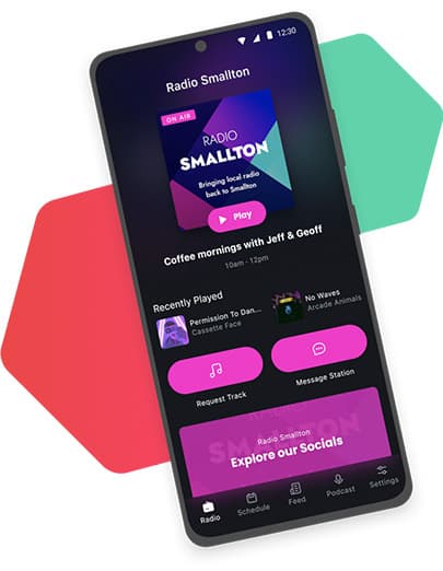 Image is a graphic design of a smartphone with a Radio.co designed radio app on the screen. In the background is two decorative hexagons.
