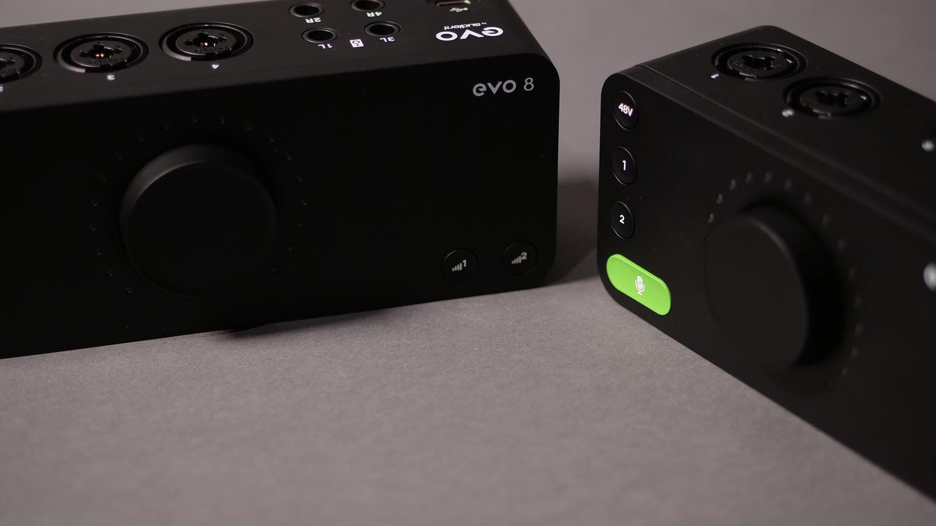 Image shows the Audient EVO 4 & Audient EVO 8 side by side on a table.