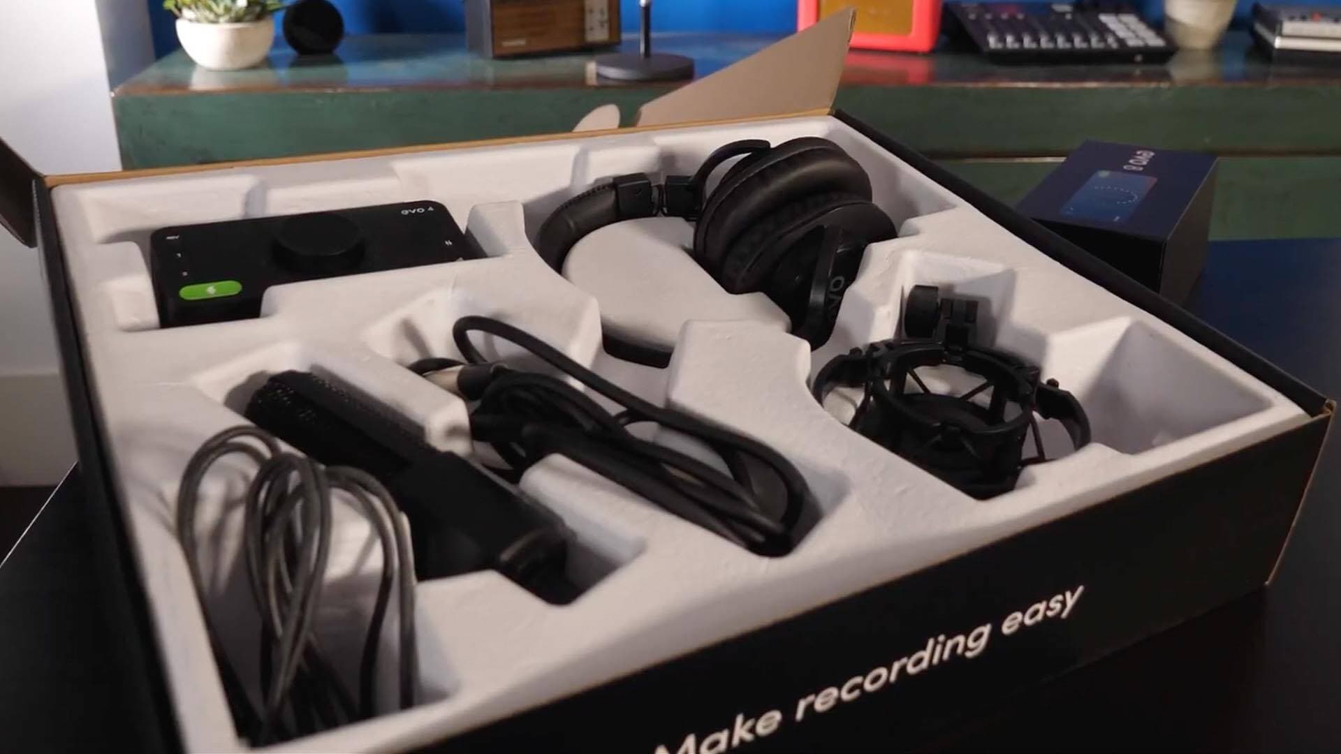 Image shows the Audient EVO package neatly boxed.