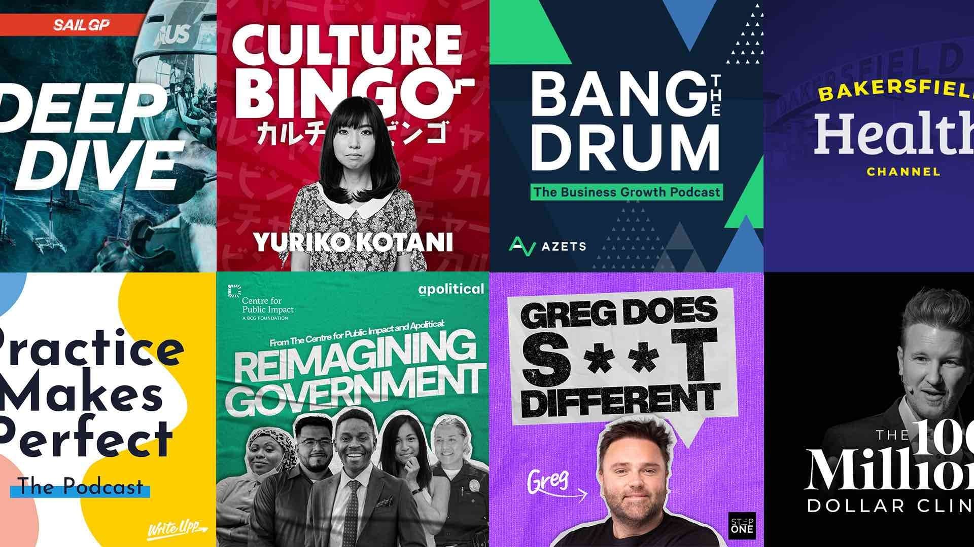 A collection of podcast show artwork produced by Cue Podcasts.