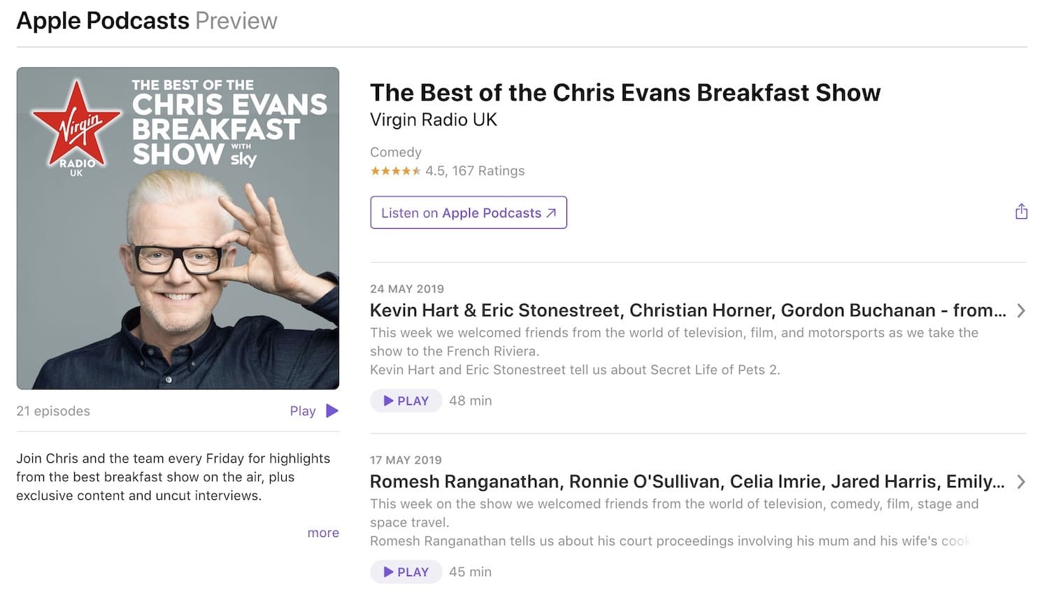 Image shows the Apple Podcast page for The Best of the Chris Evans Breakfast Show.