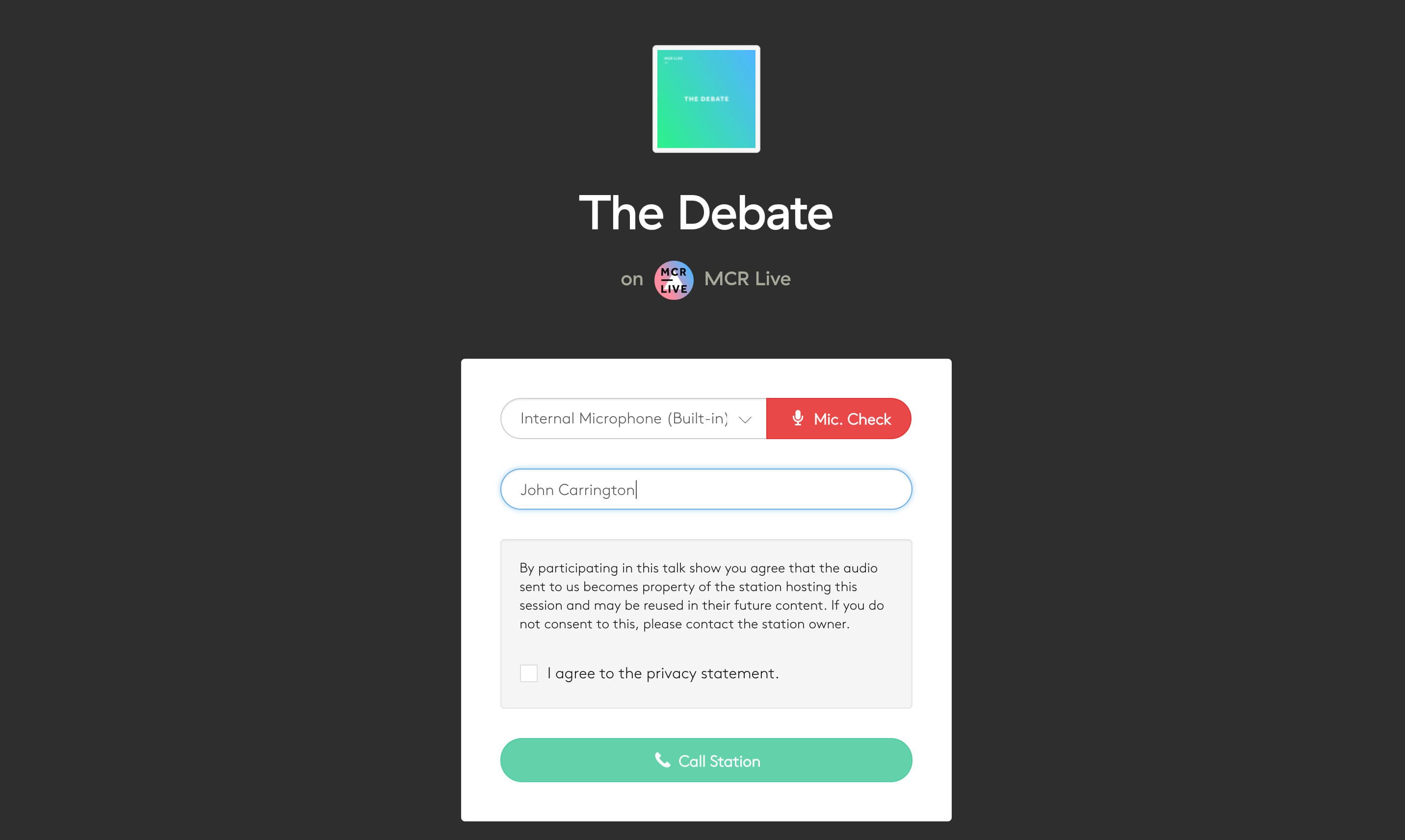Image shows the talk show guest settings to enter their name, choose their input and agree to the privacy policy.