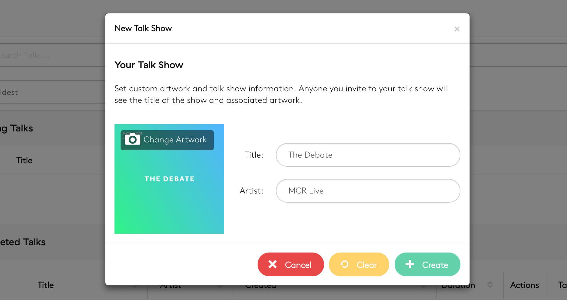 Image is a screenshot showing the New Talk Show window in Radio.co