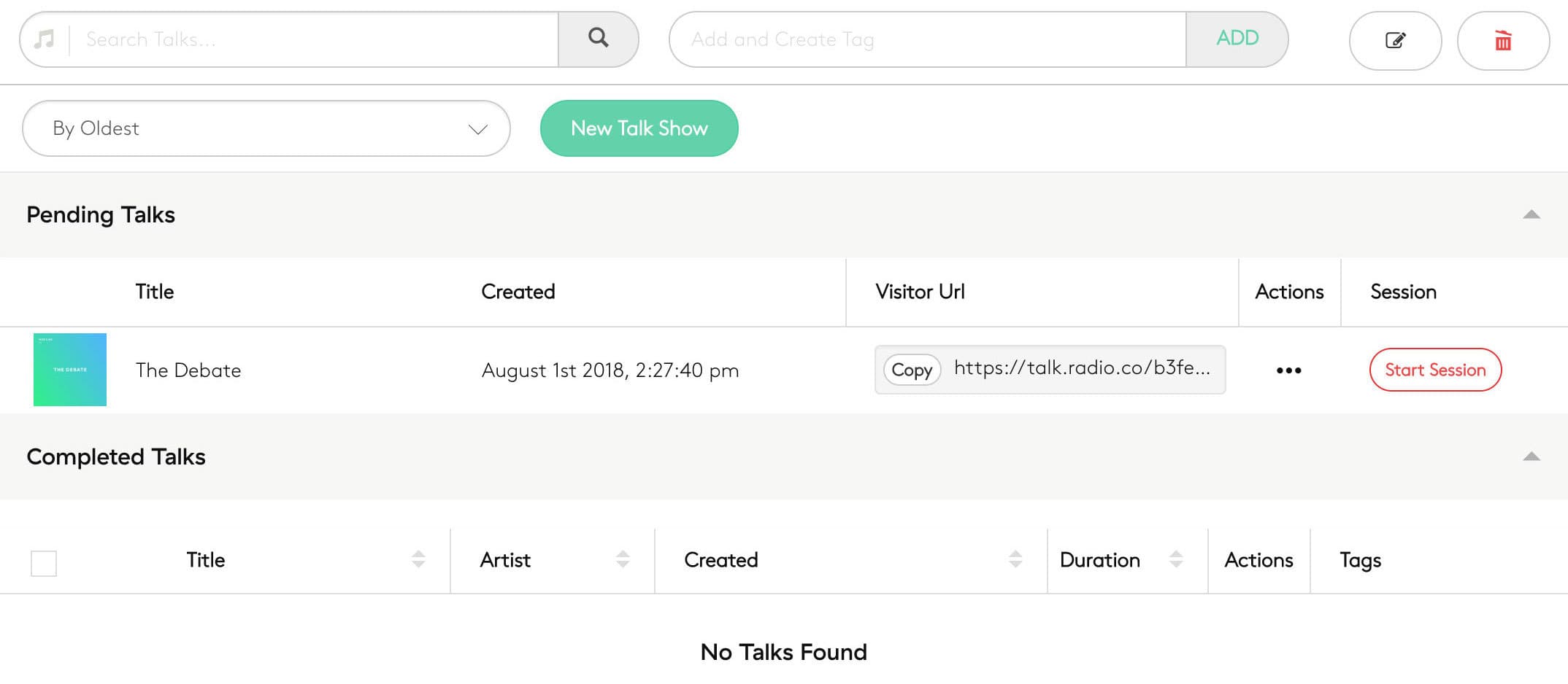 Image is a screenshot showing the pending talks list in the Radio.co dashboard.