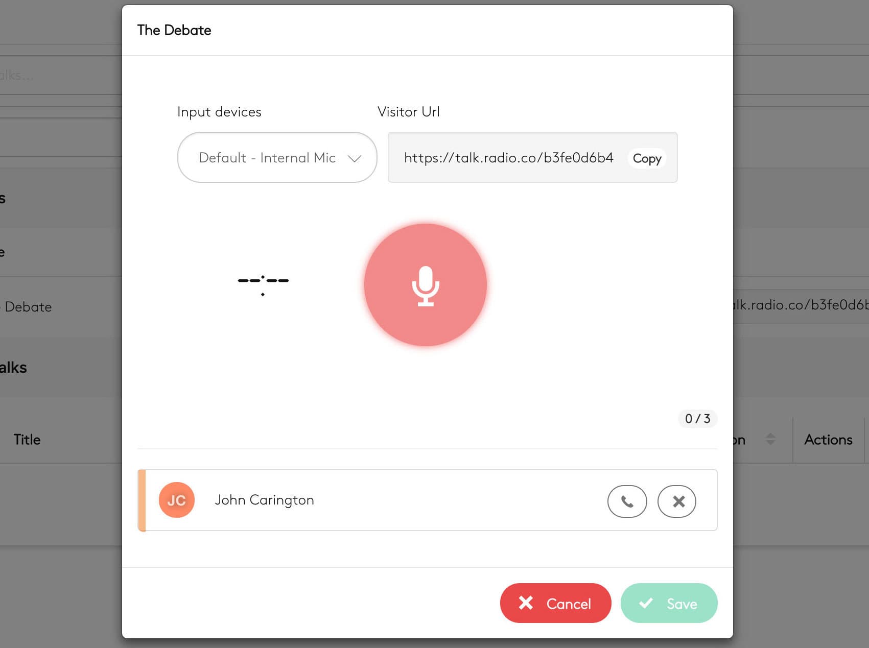 Image shows the voice tracking window within the Radio.co dashboard.