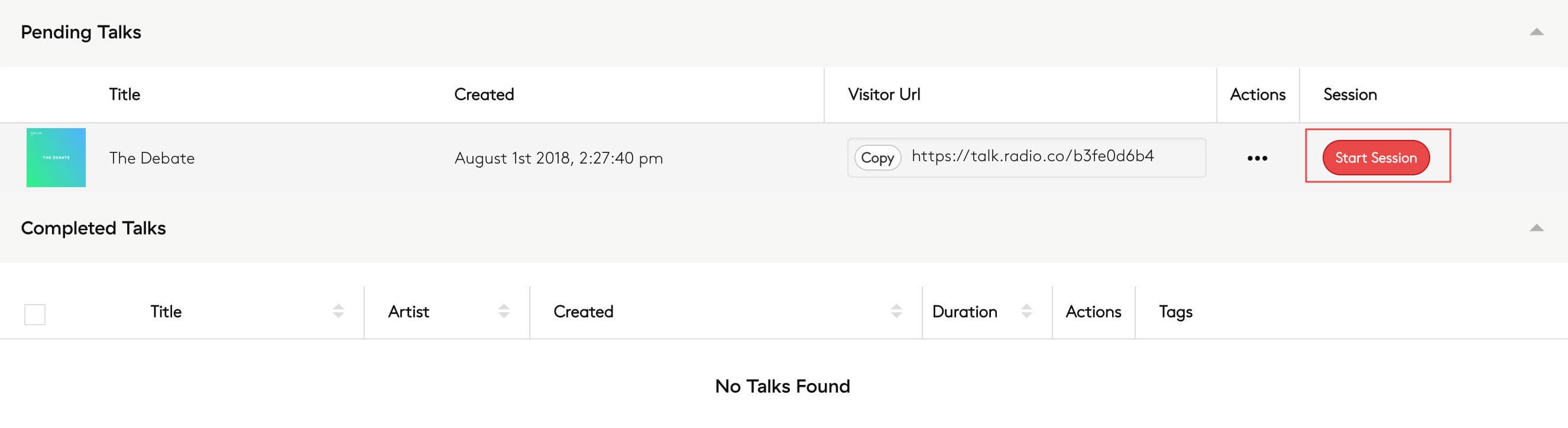 Image is a screenshot showing the "Start Session" button on the Pending Talks list in the Radio.co dashboard.