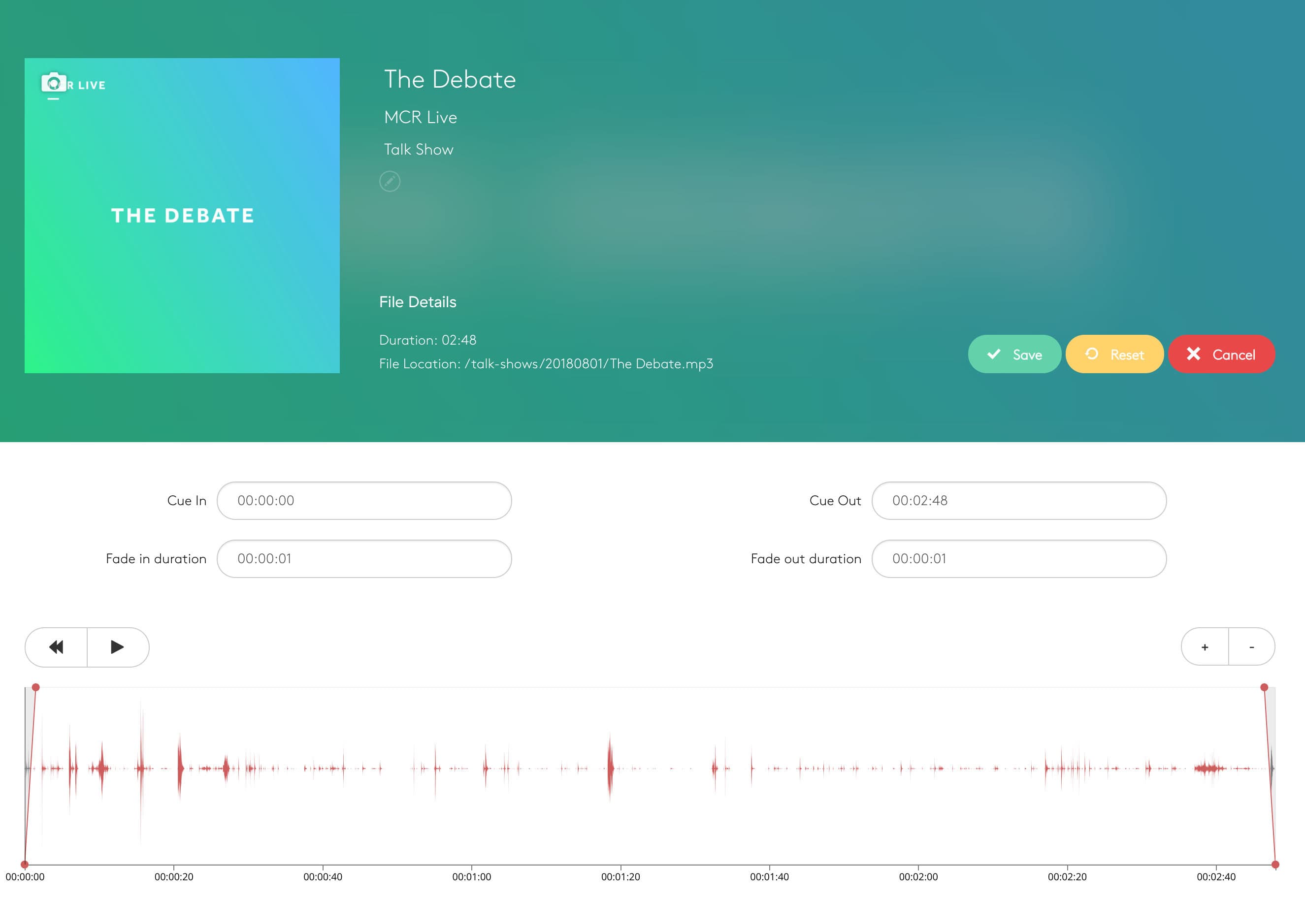 Image shows the Talk Editor window for talk shows in the Radio.co dashboard.