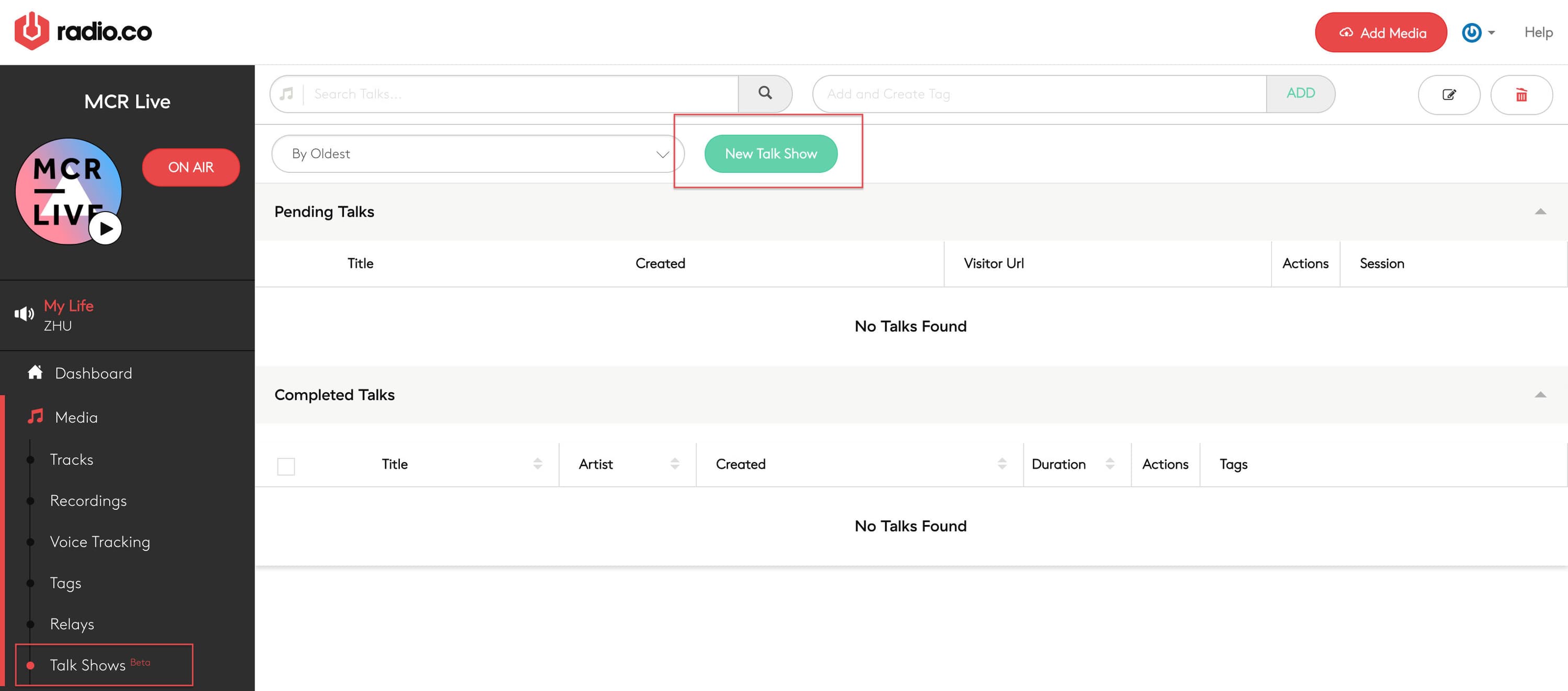 Image is a screenshot from the Radio.co dashboard and the "New Talk Show" button has been highlighted with a red square.