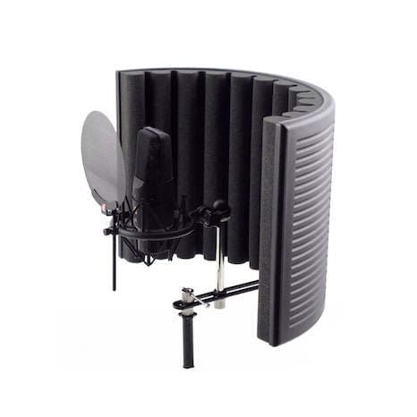 Image shows the sE Electronics Reflexion Filter X booth, around a microphone and mic stand.