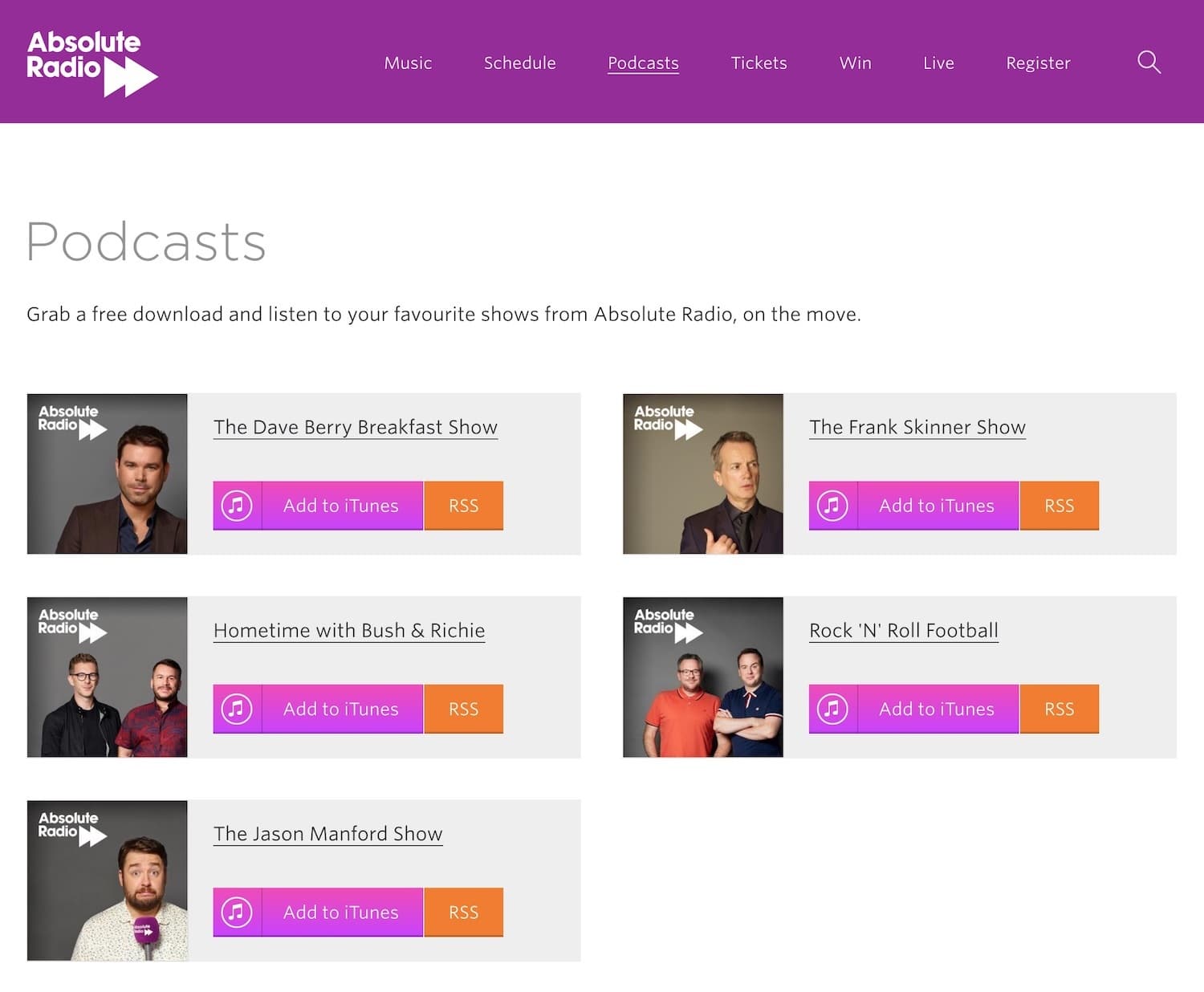 Image is a screenshot from the Absolute Radio website, showing a page where podcast episodes are listed.