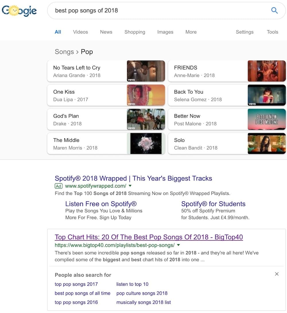 Image is the Google search results for 'best pop songs 2018'.