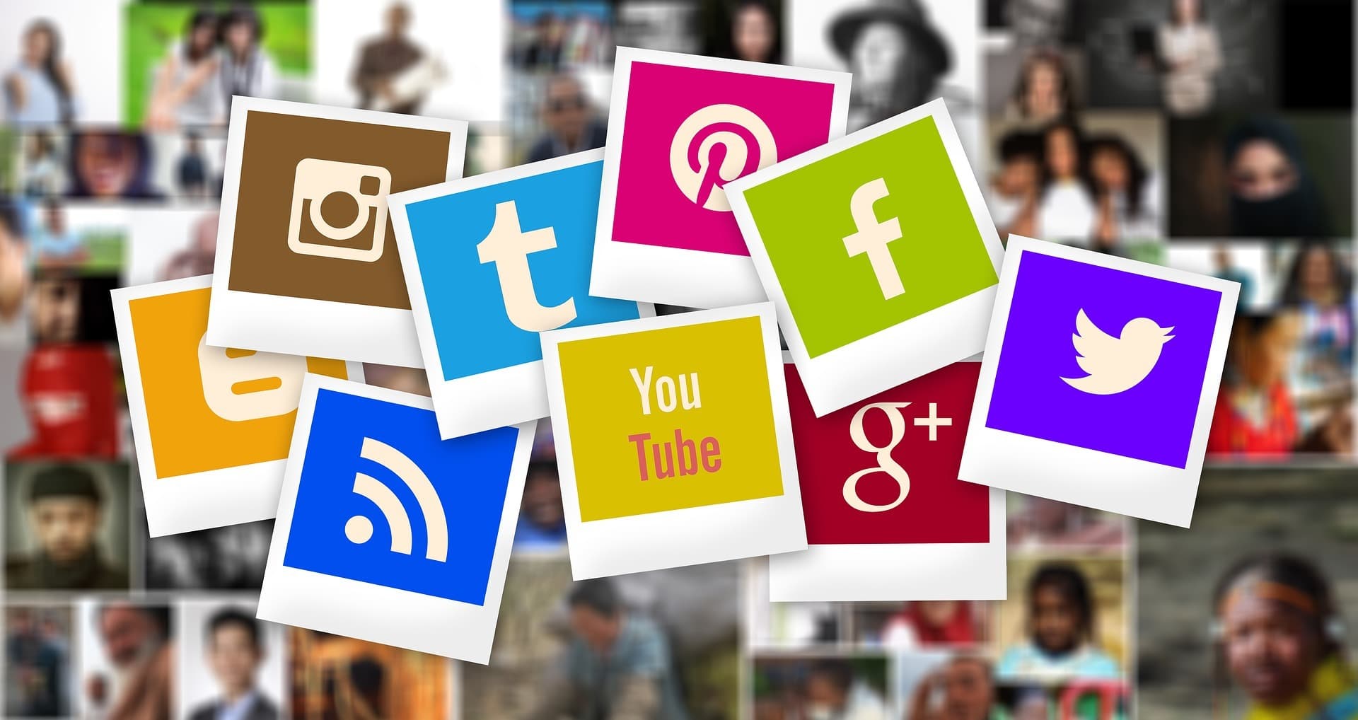 Image shows a graphic design where the logos for social media platforms are on coloured polaroid designs.
