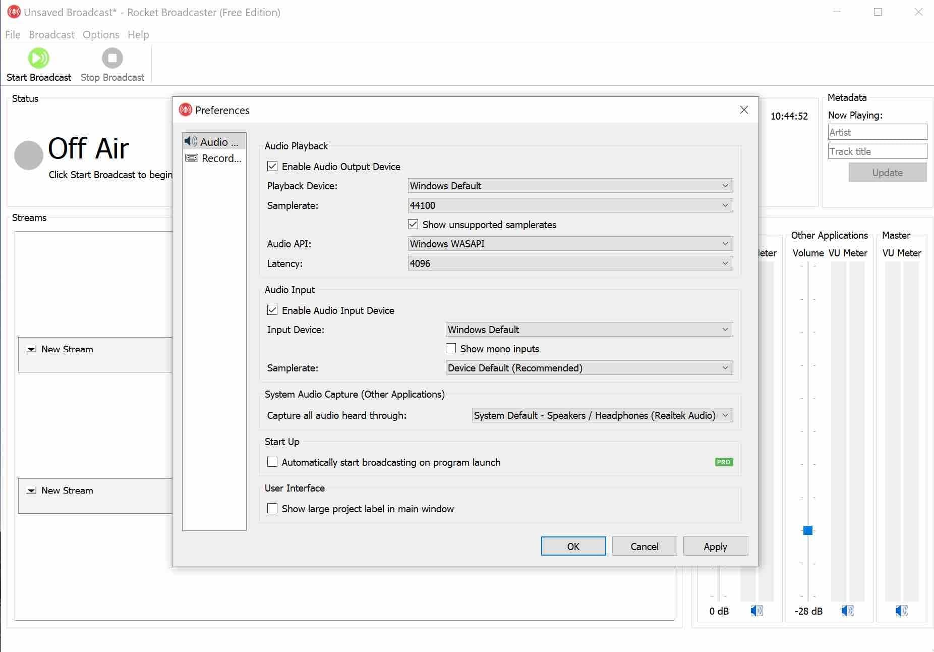 Image shows a screenshot of the Rocket Broadcaster Audio Settings
