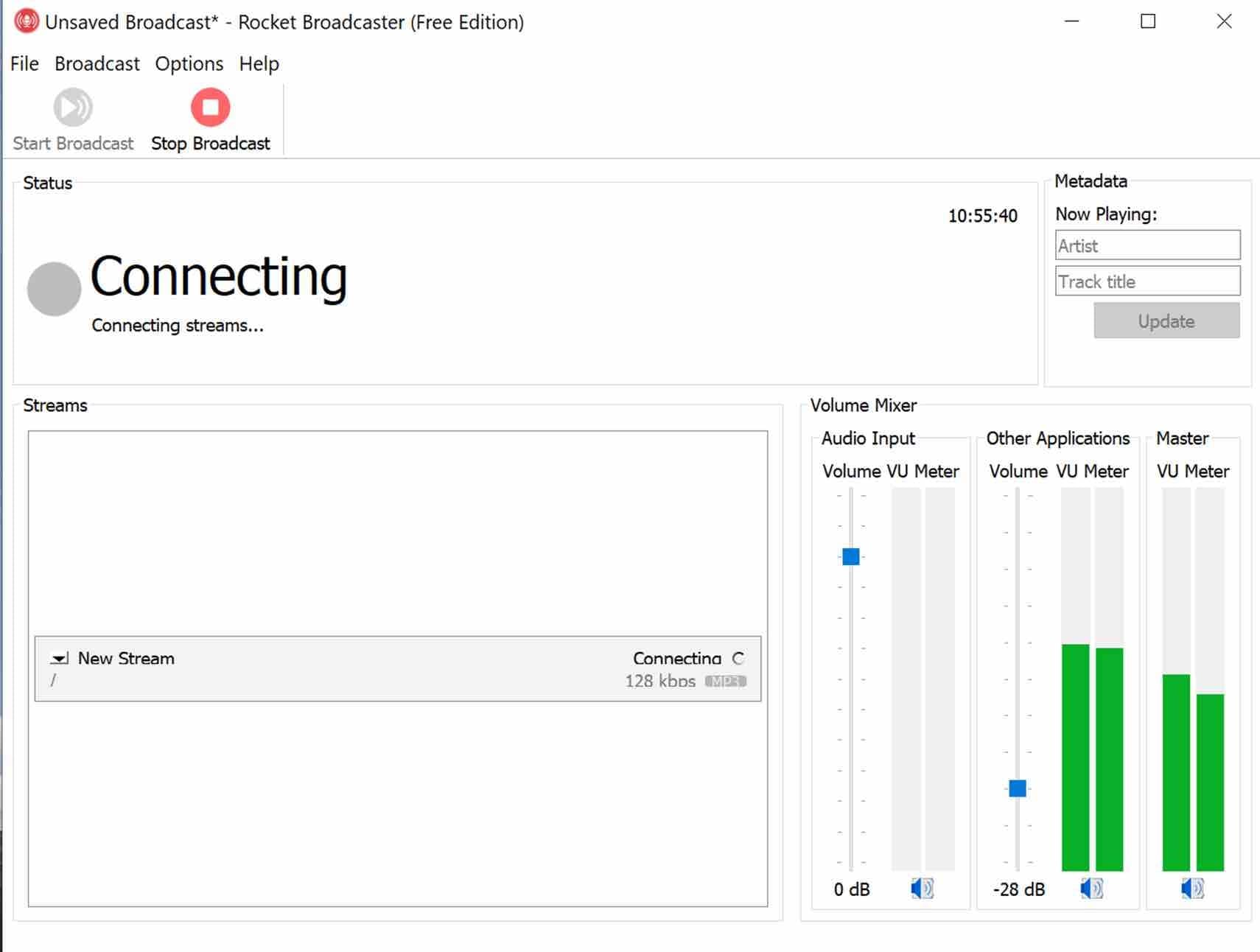 Image shows a screenshot of the Rocket Broadcaster Going Live