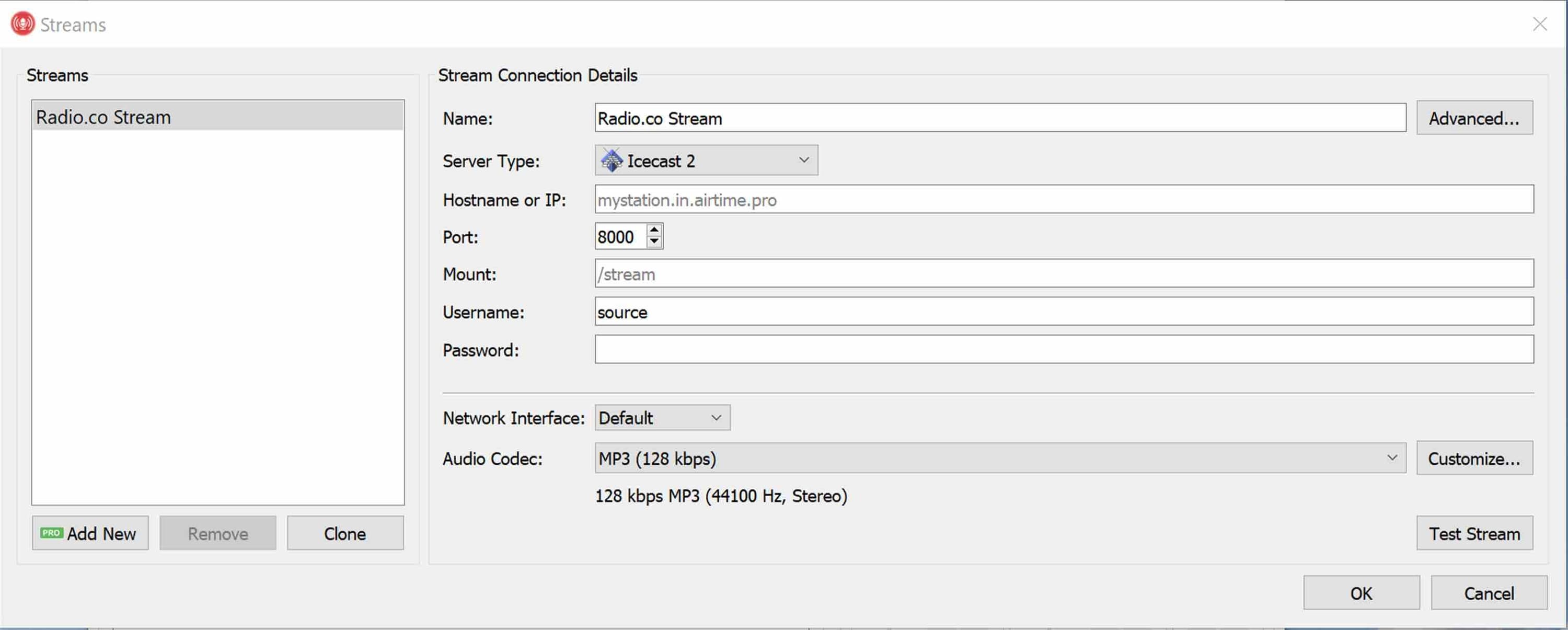 Image shows Rocket Broadcaster Stream Settings