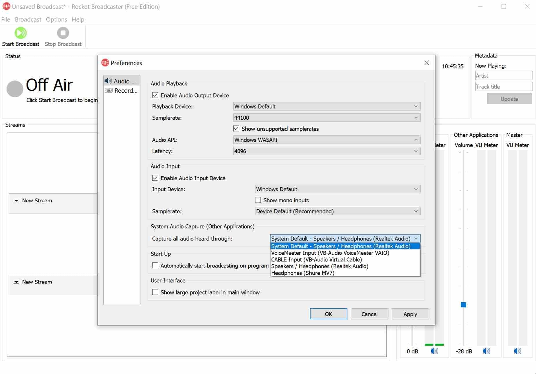 Image shows a screenshot of the Rocket Broadcaster audio preferences and the system default option.