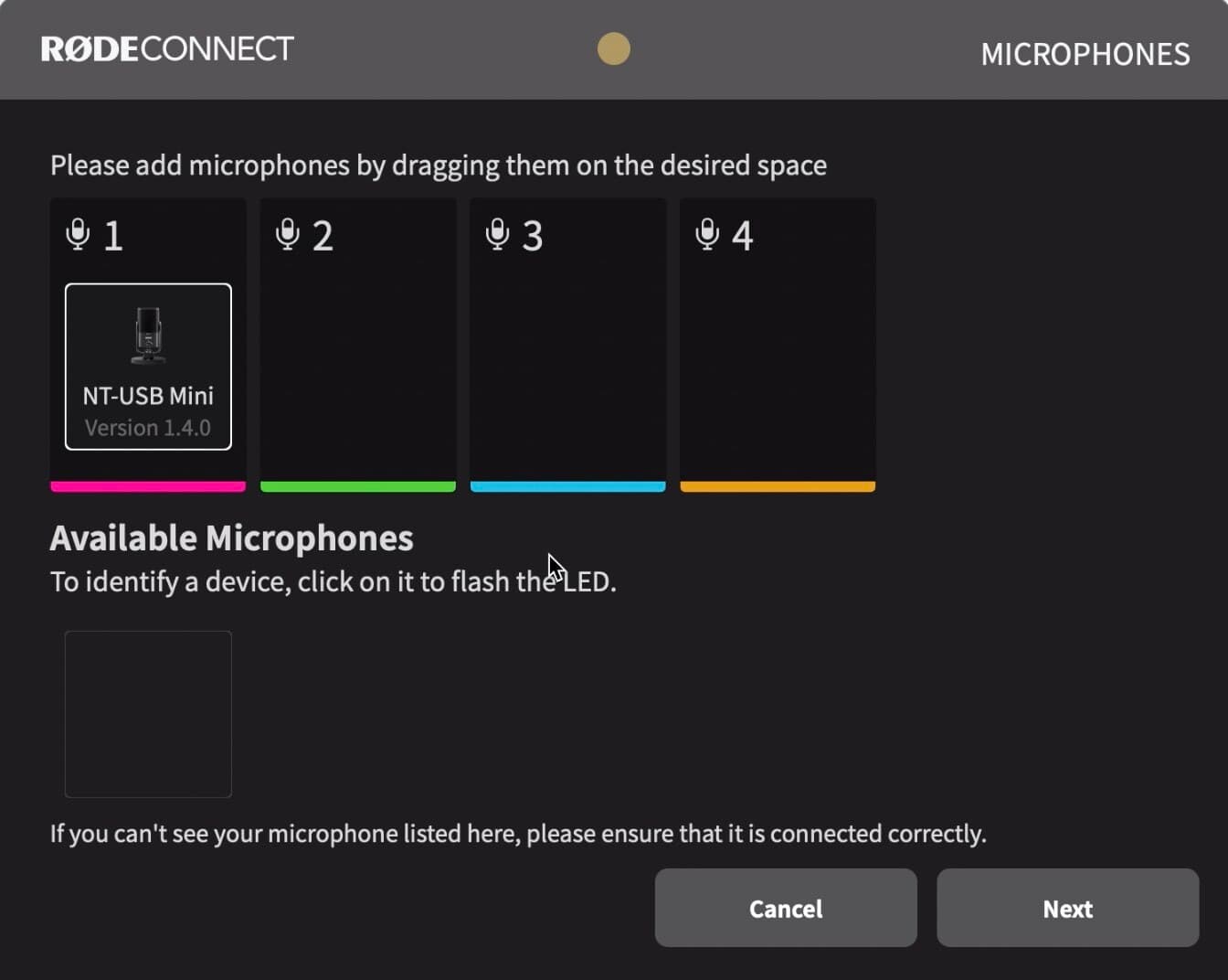 Image shows the radio microphone setup in RODE connect.