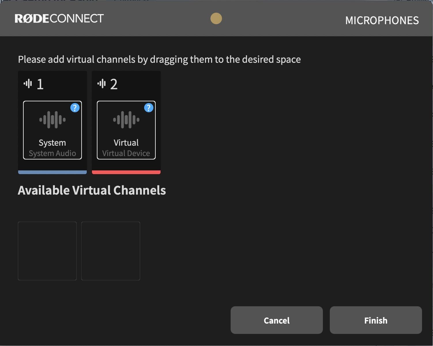 Image shows the virtual channel set up in RODE connect.