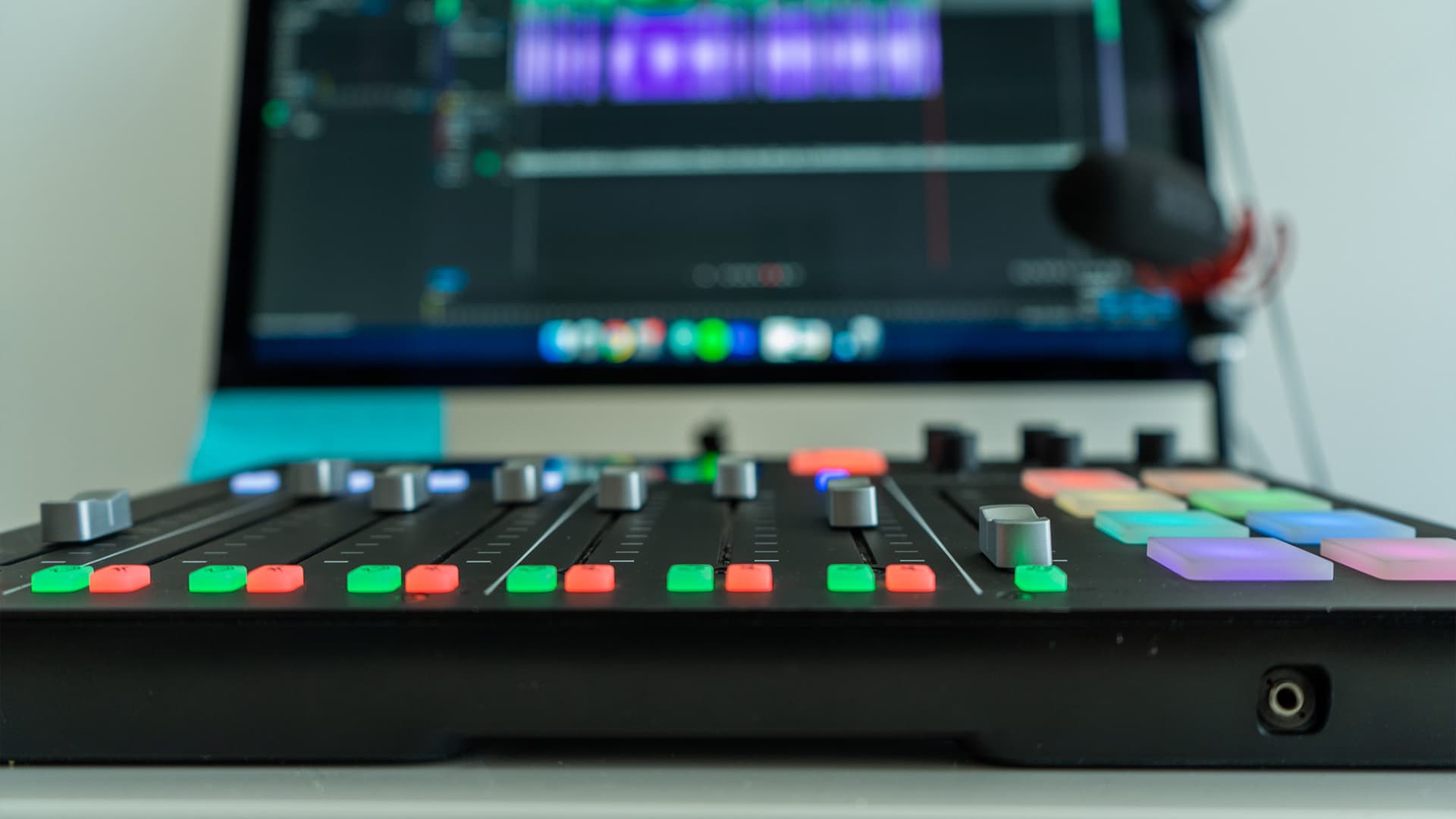 Image shows a RODEcaster Pro I, with a macbook and a microphone in the background blurred out.