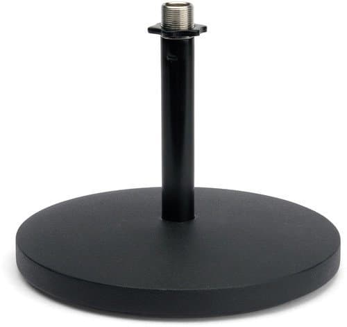 Image shows the bottom part of a black microphone stand.