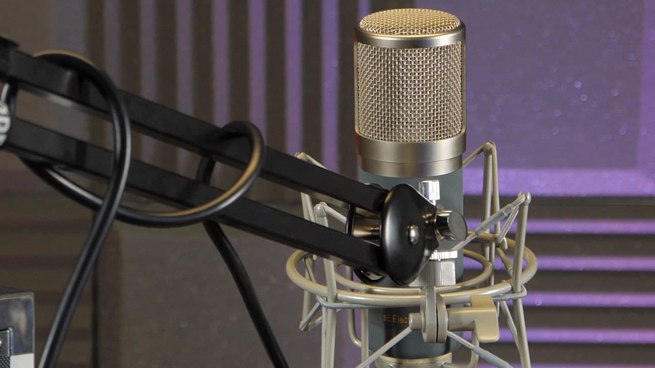 Image shows the sE Electronics Z56000A II in a shock mount and mic stand within a radio booth.