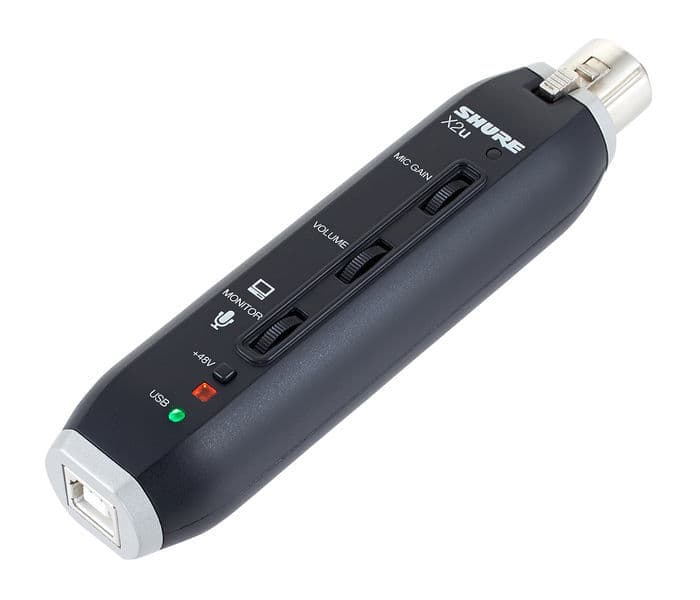 Image shows the Shure X2U XLR to USB adapter against a white background.