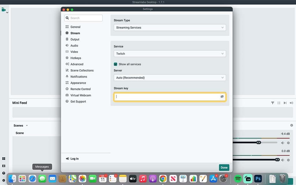 The stream settings in Streamlabs.