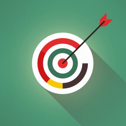 This is an illustrated image of an archery target with a red tipped arrow on the bullseye. The target has a red, yellow and black outer ring with a red bullseye. The background is neutral green.