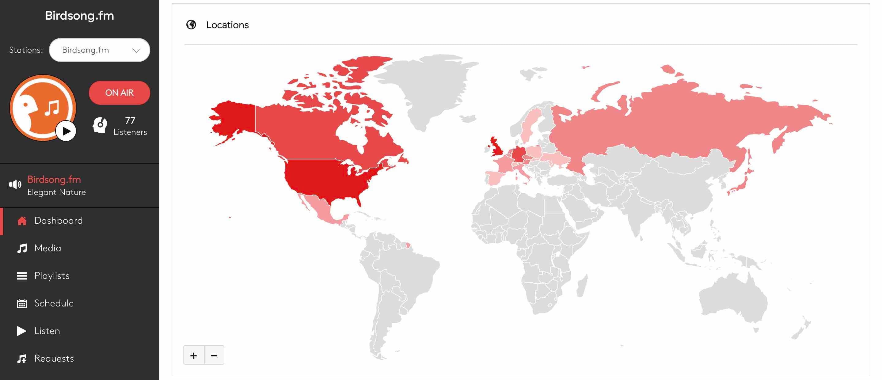 Image shows a screenshot from the Radio.co dashboard, which shows a global map of the locations for all of a radio stations listeners.