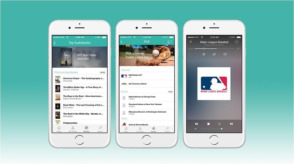 This is a green/teal background with three white iPhones in the centre of the image. On one screen is TuneIn homepage, on the middle is TuneIn on Baseball, and on another is the MLB logo.Tunein Pre