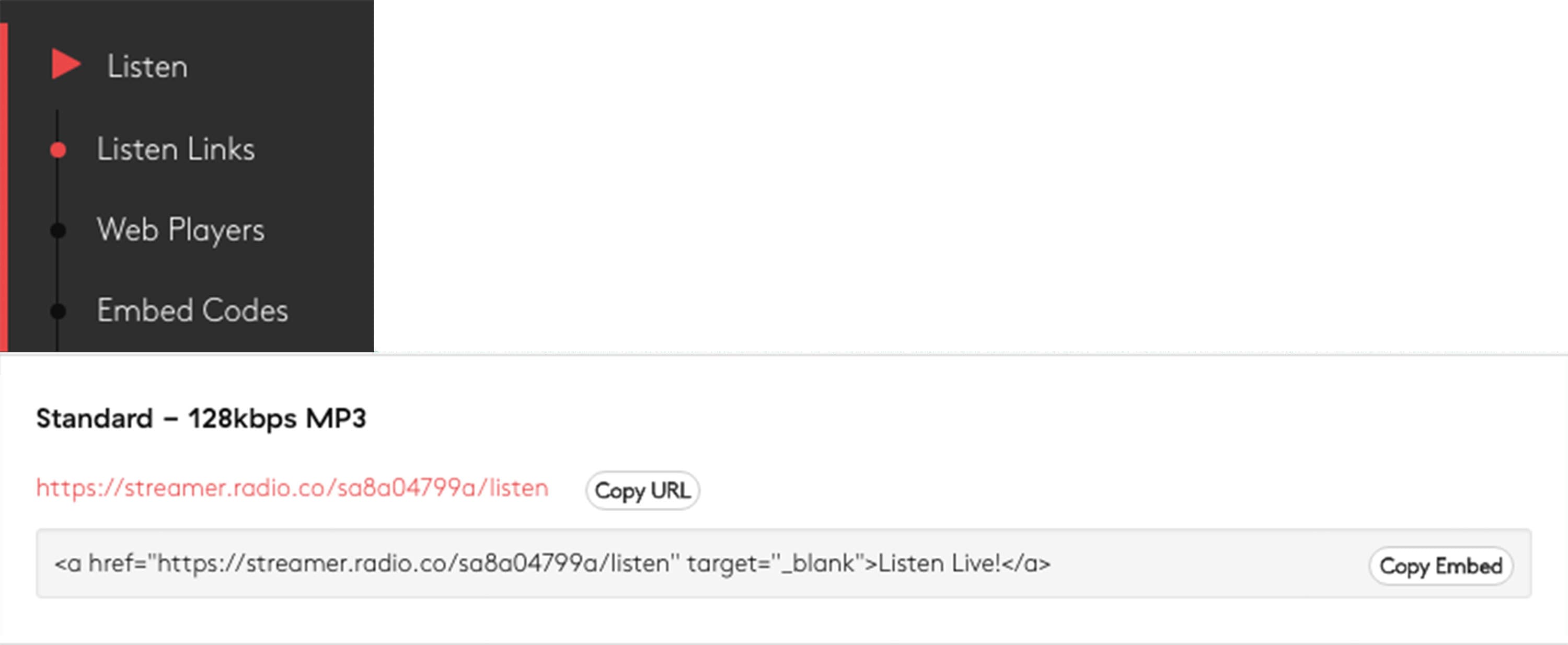 Image shows the Stream URL within the Radio.co dashboard.