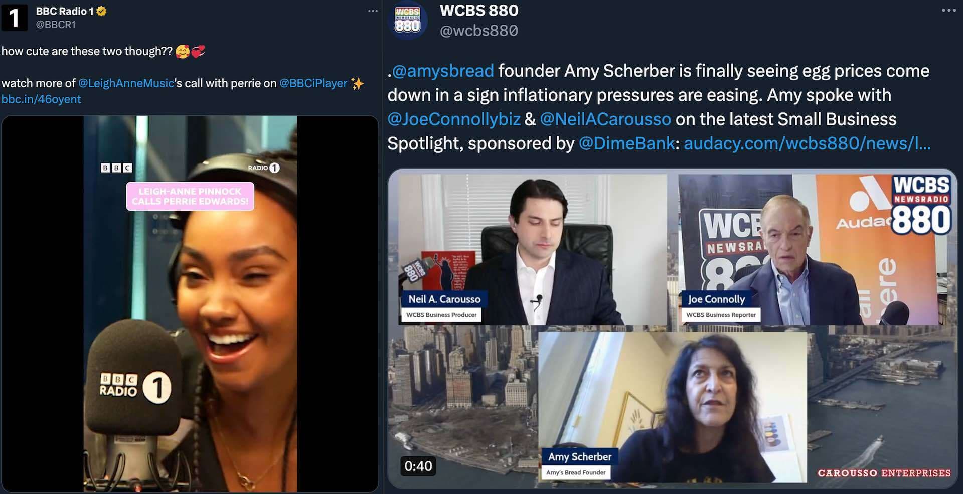Two screenshots showing BBC Radio1 and WCBS 880 tweets side by side. Both screenshots show a photo of the radio stations guests.