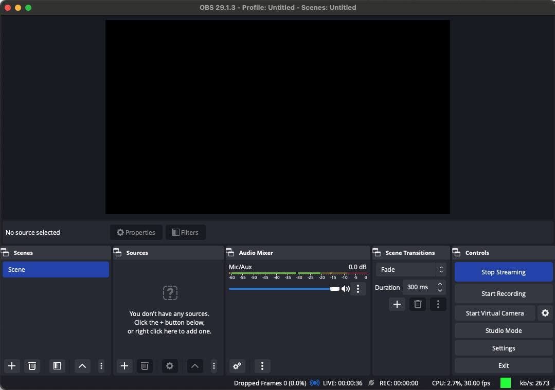 A screenshot showing OBS connected to a streaming destination.