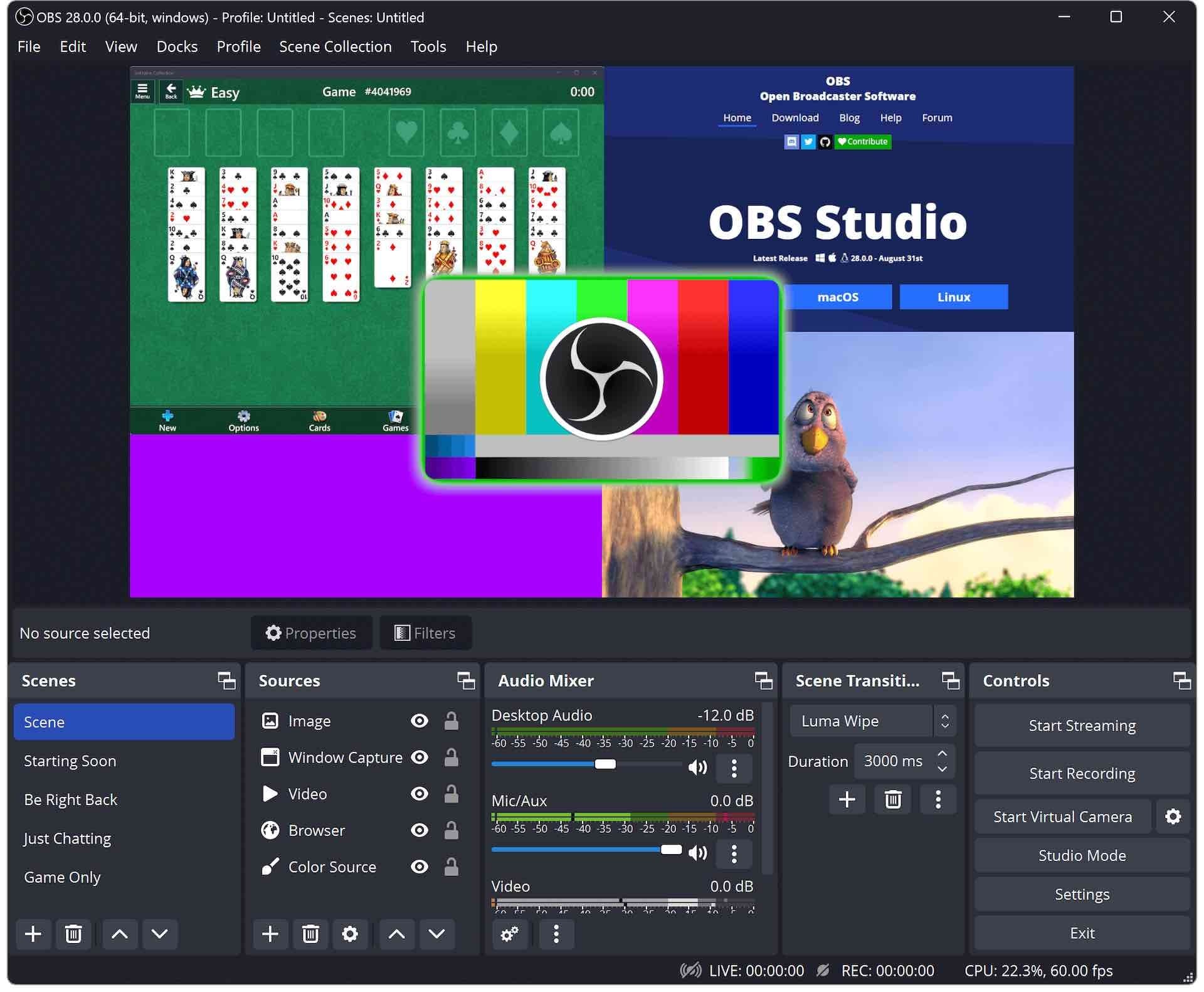 A screenshot showing the OBS app in action.
