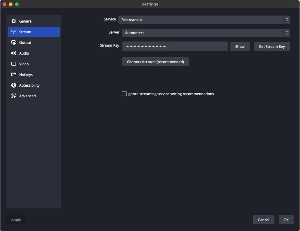 A screenshot showing the OBS stream key for Restream.