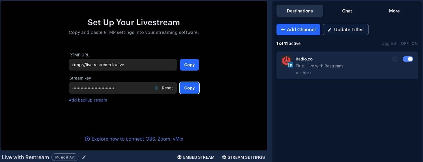 A screenshot showing the Restream stream key.