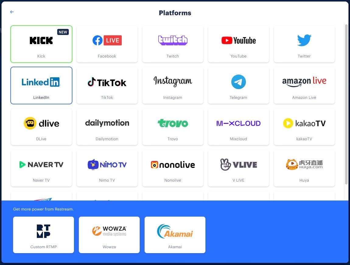 A screenshot showing the different platforms Restream can connect to.