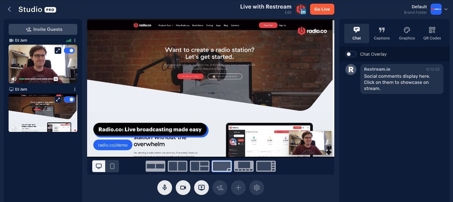 A screenshot showing the studio screen in the Restream app.