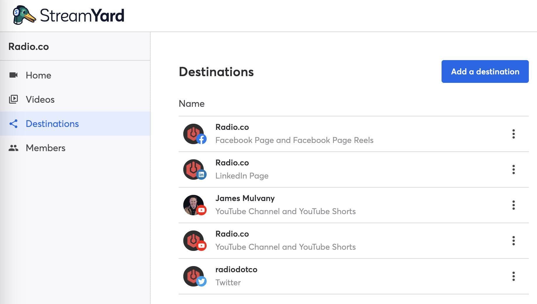 A screenshot showing the StreamYard destination settings.