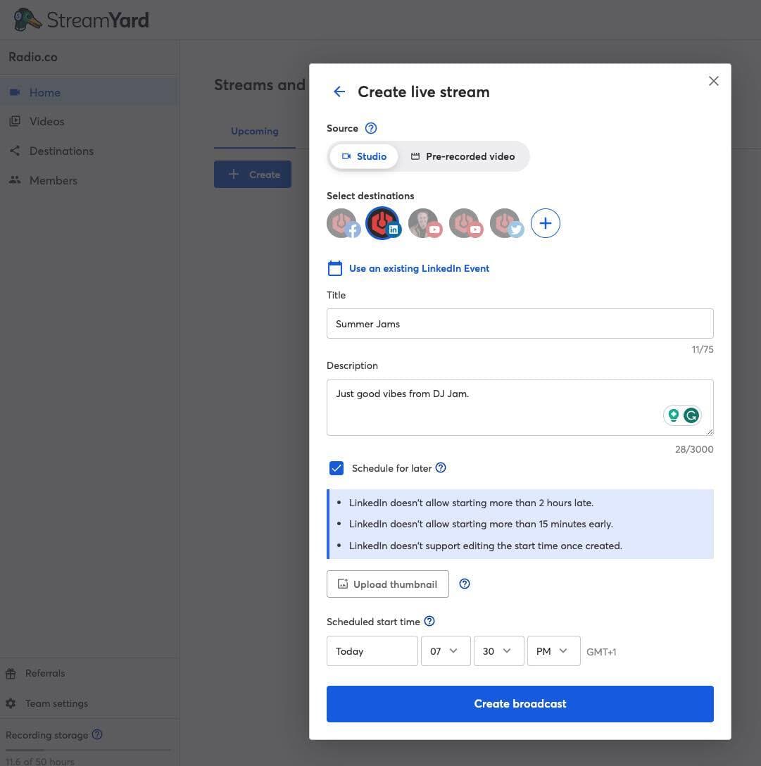 A screenshot showing how to schedule a live stream in StreamYard.