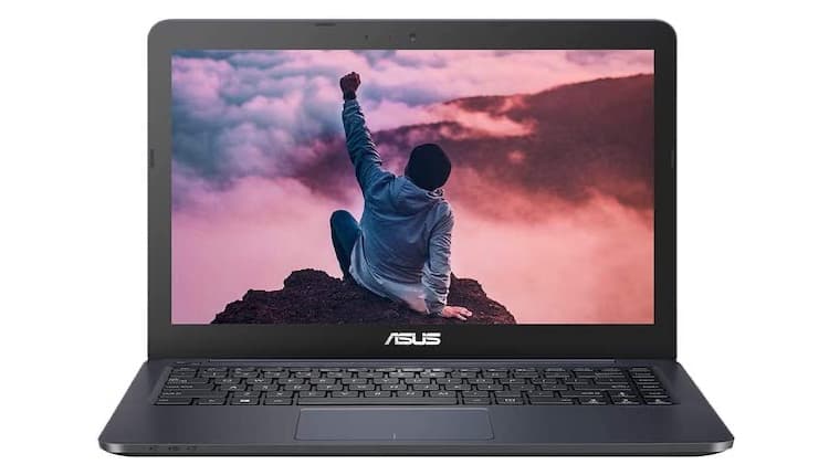 Image shows a Asus VivoBook E402YA laptop open against a white background. The screen saver is a boy sitting on top of a rock and punching the air.