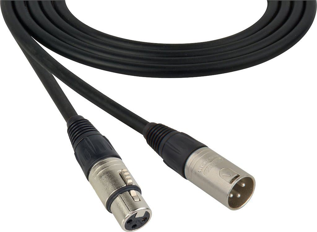 Image shows a close up of an XLR cable with both the male and female ends shown.