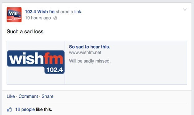 There is a white and grey Facebook screenshot. At the top is a red Wish fm logo. It reads 'Such a sad loss' and 'will be sadly missed' with a link that clicks back to Wish.fm.