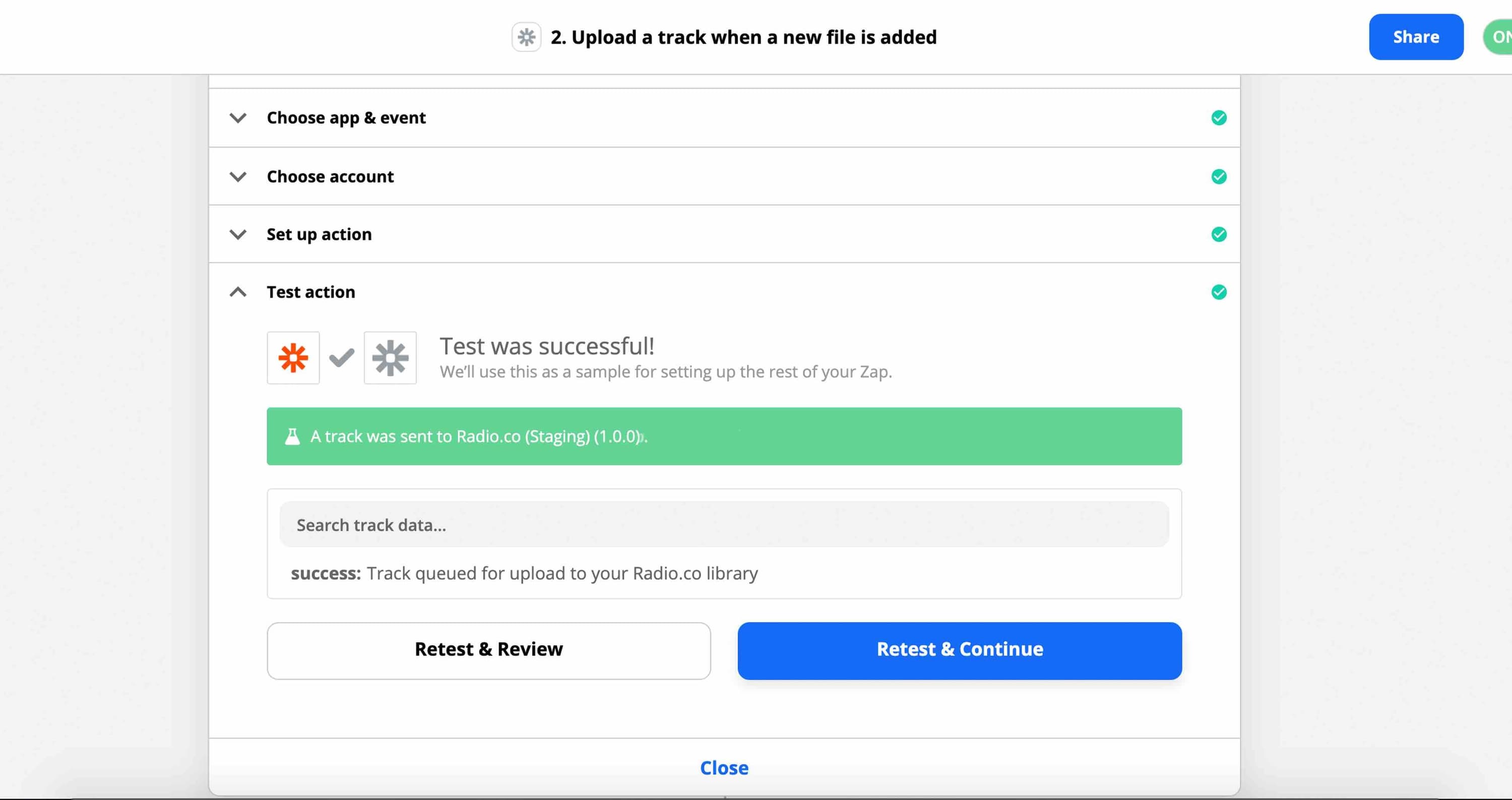 Image shows the Action settings in Zapier, with the test action tab selected.