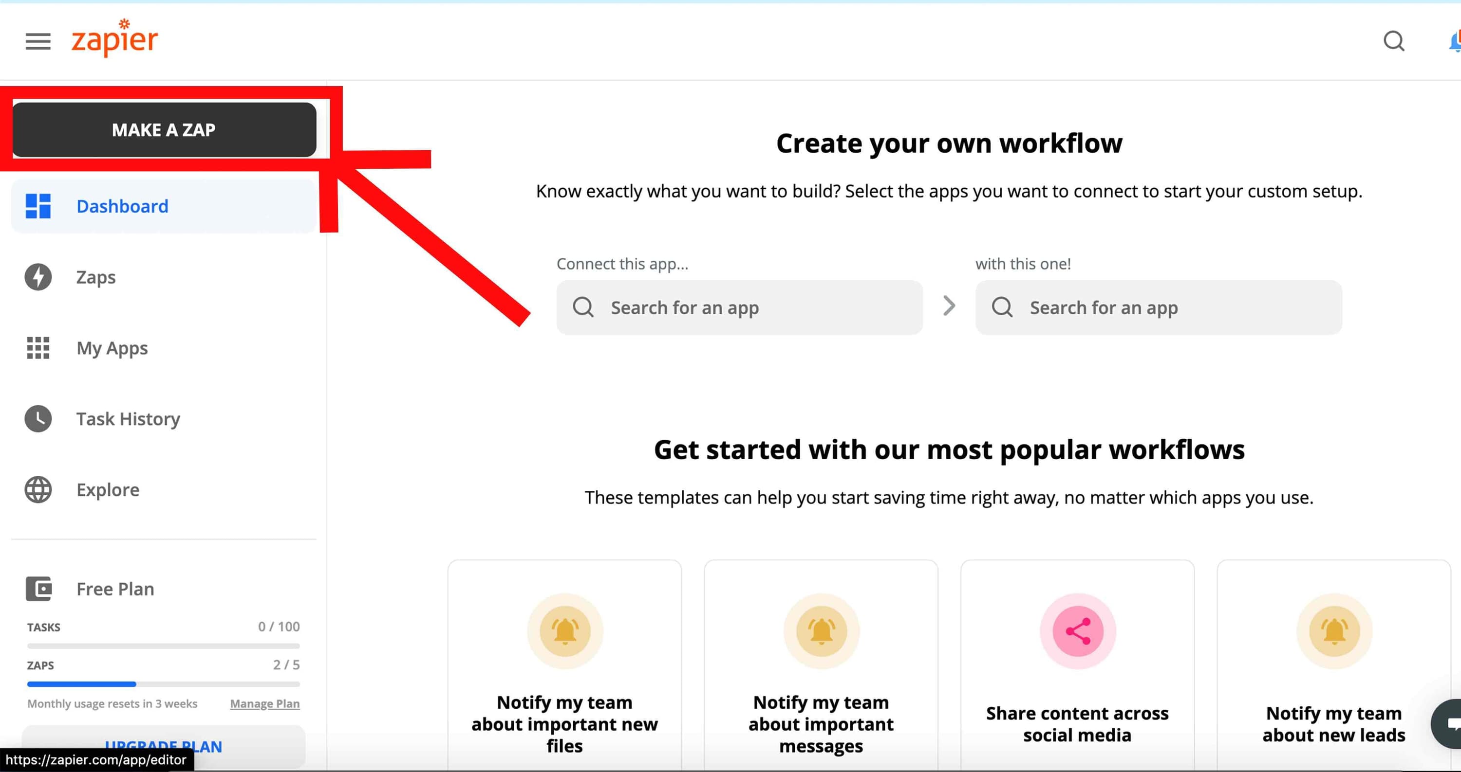 Image shows the "Create your own workflow" page in Zapier, with the "Make a Zap" button highlighted..