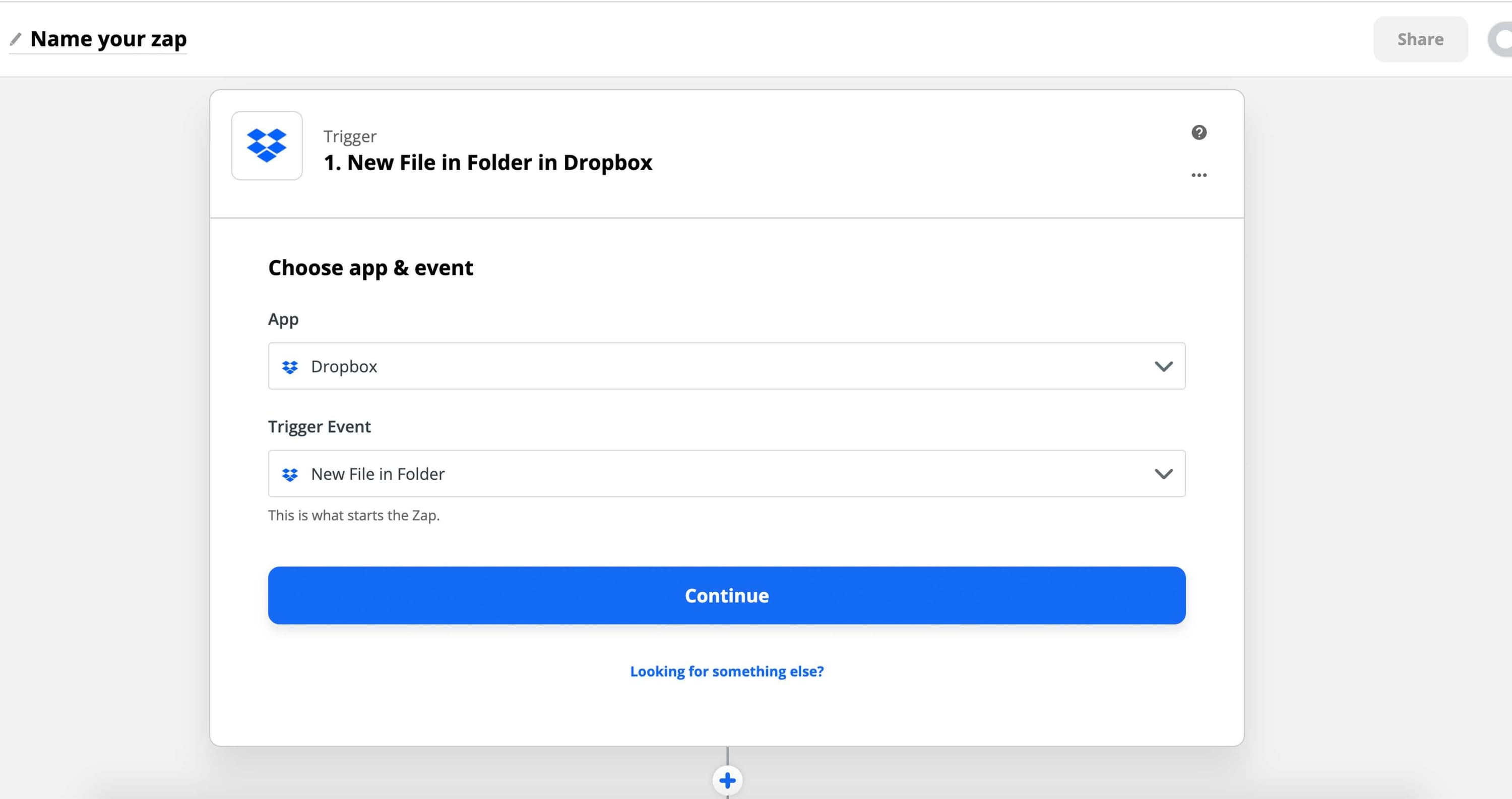 Image shows the app and trigger event options in Zapier.