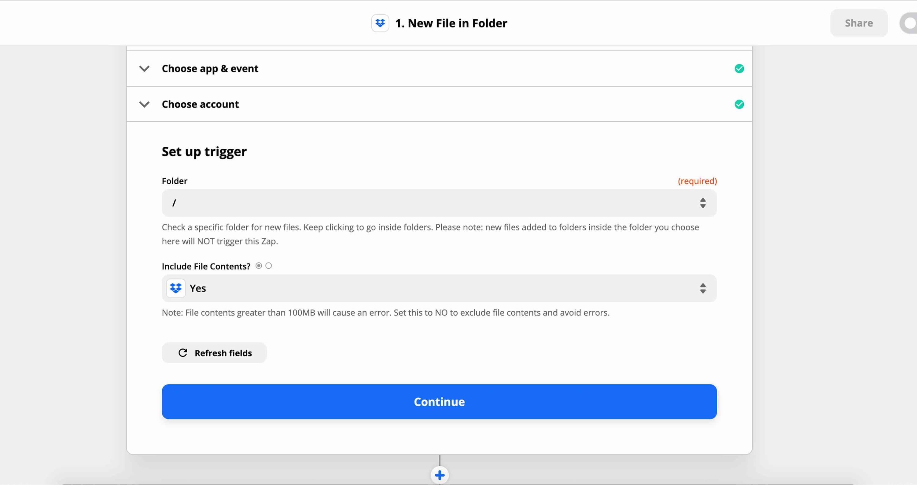Image shows the Trigger set up fields in Zapier.