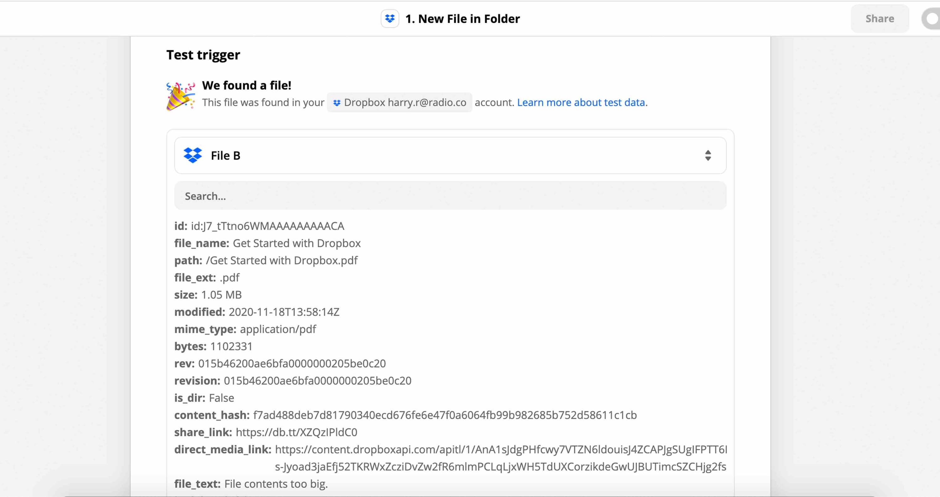 Image shows the Test Trigger tab in Zapier.