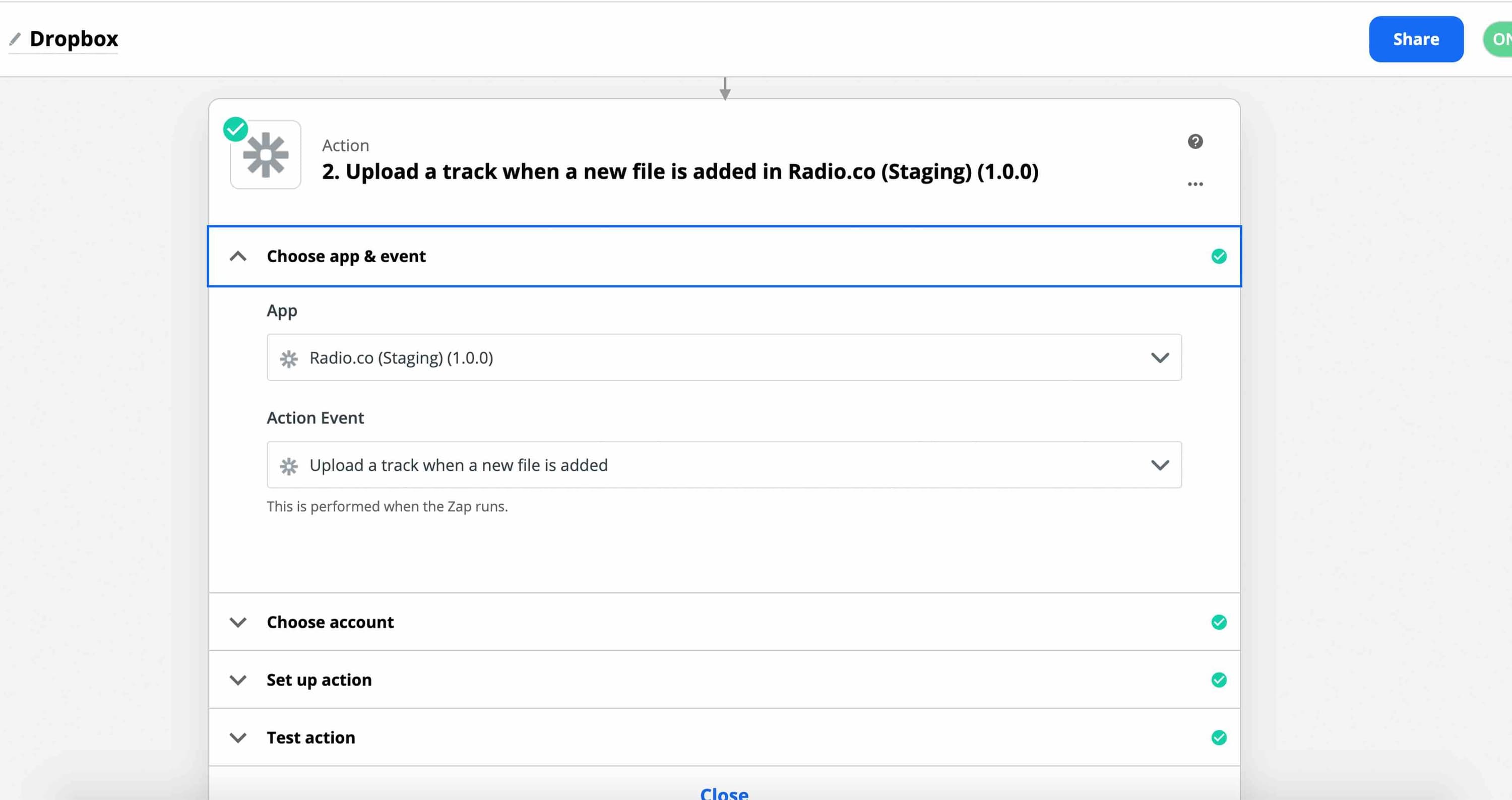 Image shows the Action settings in Zapier.