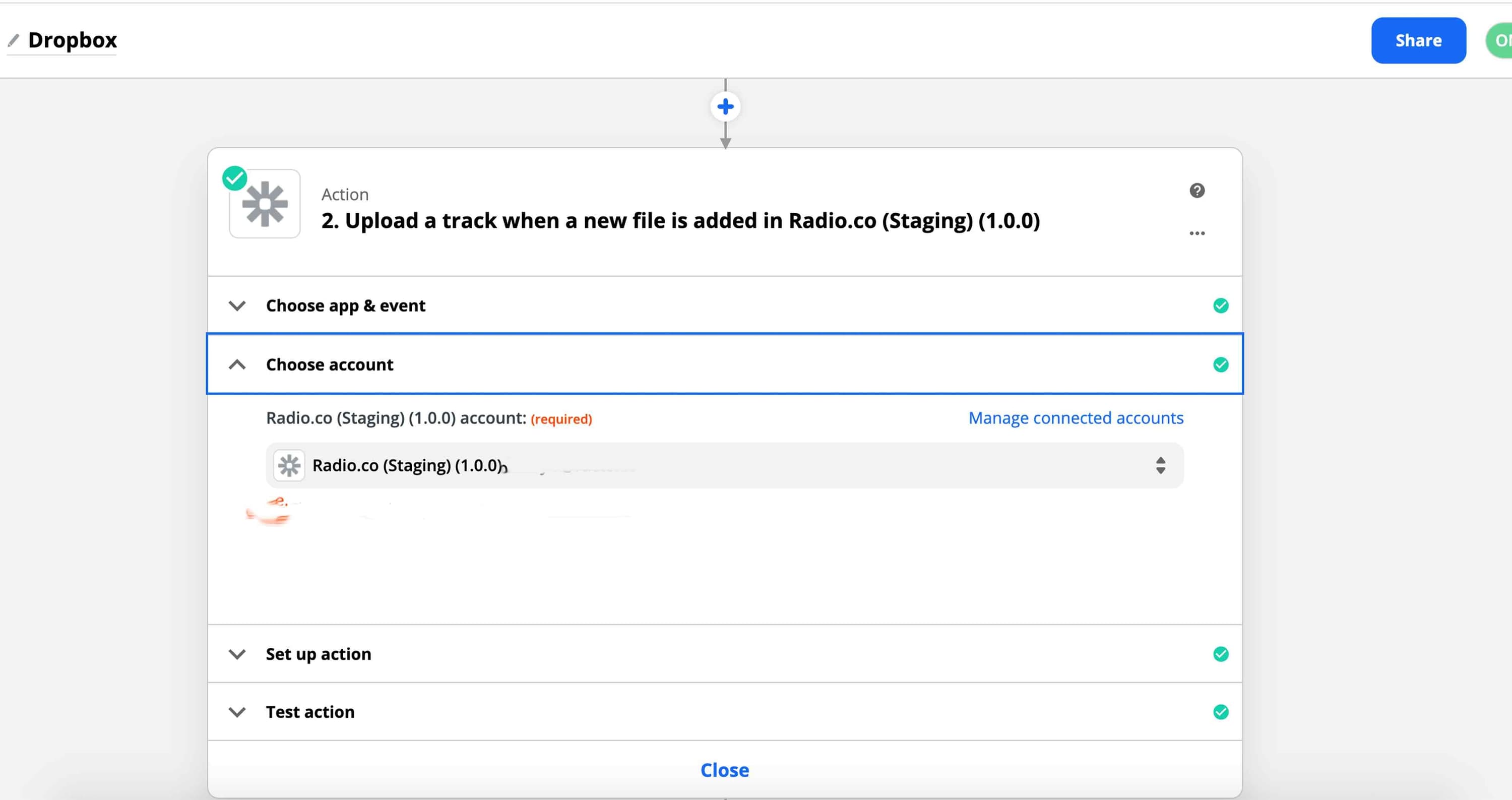 Image shows the Action settings in Zapier with the choose account section selected. .